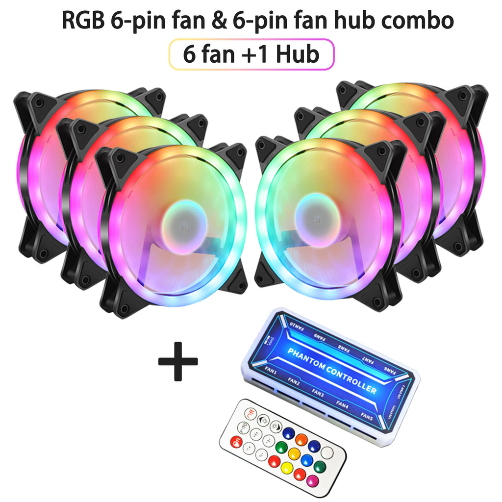 3/6+1-Piece Combo Package: 6-Pin RGB Case Fan+6-Pin Fan Hub, 12cm Silent Fan Hub with Remote