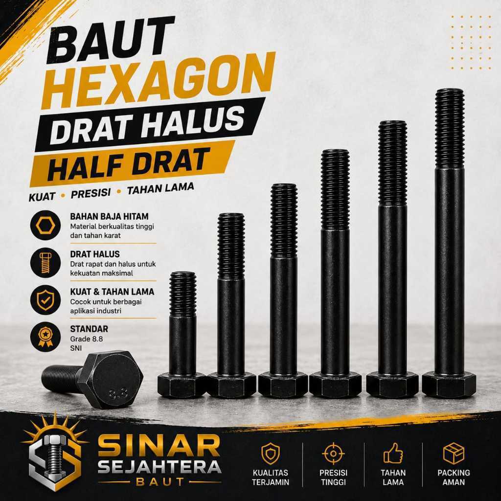 Baut Hexagon Baja 8.8 Drat Halus Baut M12X80 Drat 1.25 / Baut 12X80 Halus / M12 X 80 Grade 8.8 HTB H