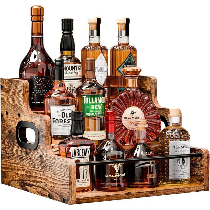 KLM Liquor Bottle Display Shelf, Coffee Syrup Rack Organizer, 3 Step Countertop Liquor Wine Rack, mi