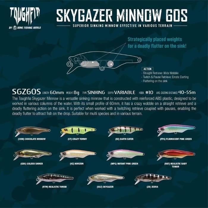 Terlaris LURE TOUGHFIA SKYGAZER MINNOW 60MM/8G BY BONE CASTING SINKING