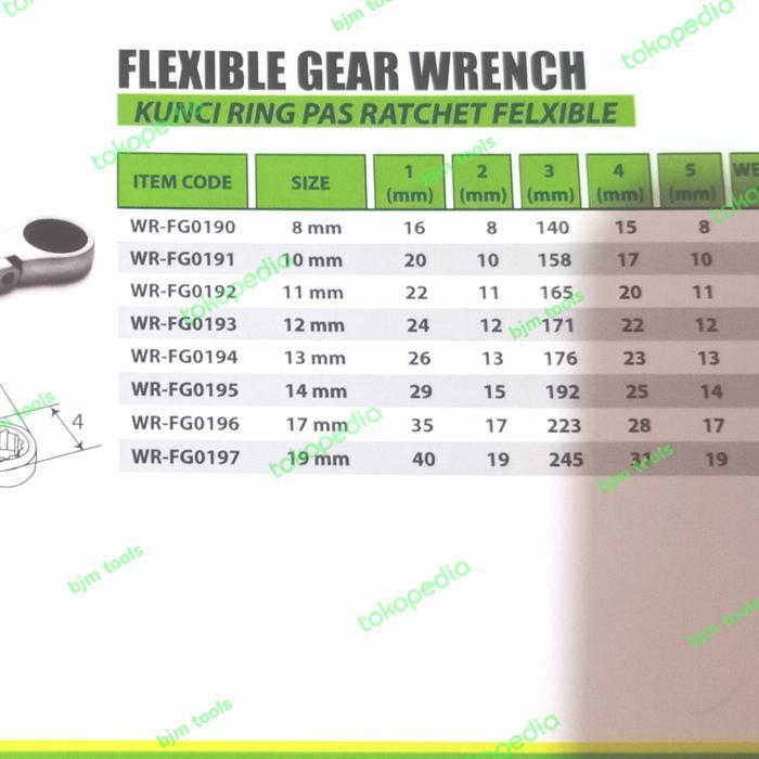 Tekiro Wr-Fg Kunci Ring Pas Ratchet Flexible Flexible Gear Wrench Alat Tangan Serbaguna