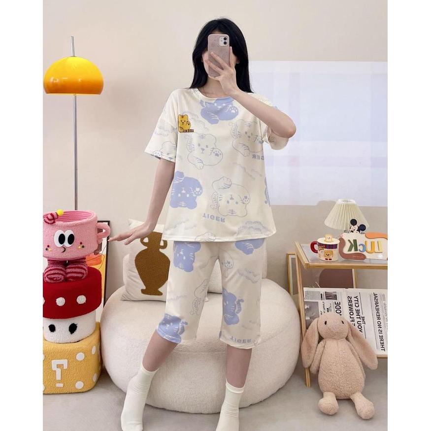 BAJU TIDUR WANITA KAOS KATUN IMPORT POLOS SETELAN CELANA 7/8 SELUTUT