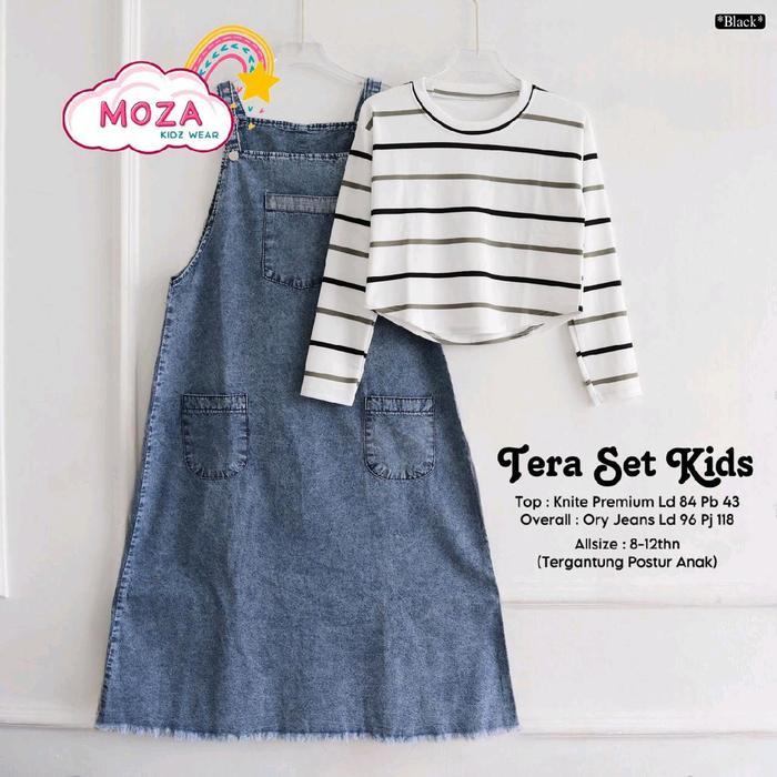 Ready Tera Set Setelan Inner Rajut Salur Overall Gamis Jeans Anak Remaja 10-14 Tahun Premium
