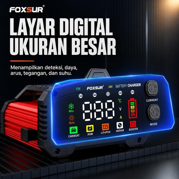 Charger Aki Foxsur Mobil Motor 12V 24V Otomatis 25A/15A Smart 8 Tahap Agm Lifepo4 Repair Booster