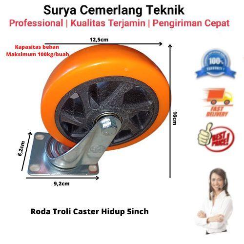 new Roda PU Troly Troli 5 inch hidup orange caster
