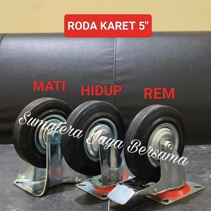 Roda troli 5 inch karet hitam Mati Hidup Rem Caster Kastor 5" Trolley
