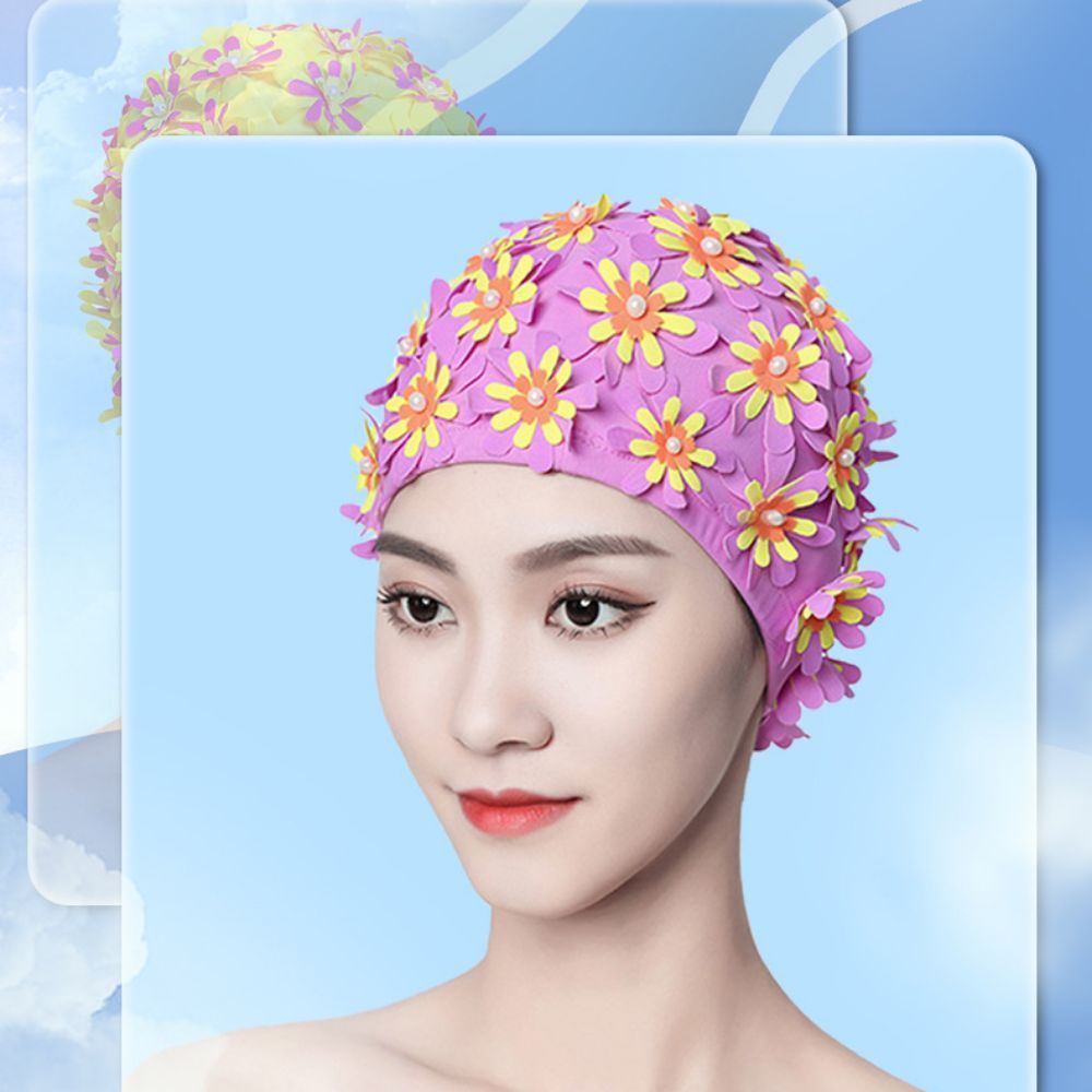 Diving Cap Pearl Floral Petal Swim Cap Long Hair Vintage Style Swimming Hat Lightweight Elastic