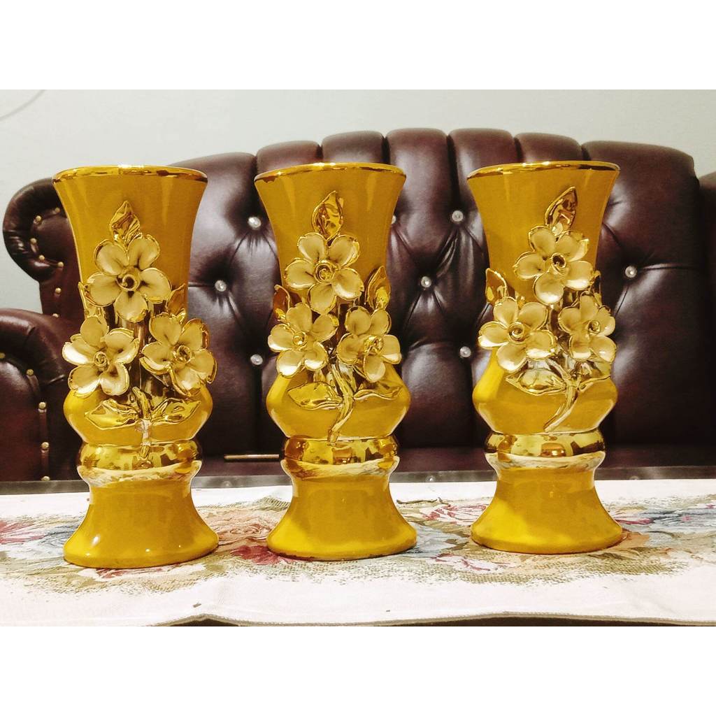 pajangan keramik gold set / vas keramik gold set bunga timbul / keramik hias meja / pajangan keramik