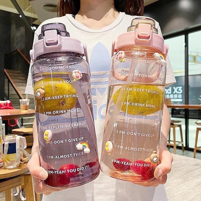 Botol minum Jumbo 2 LITER Motivasi Penanda waktu Tritan Quifit Handle BENING 2000ML - Botol Minum 2L