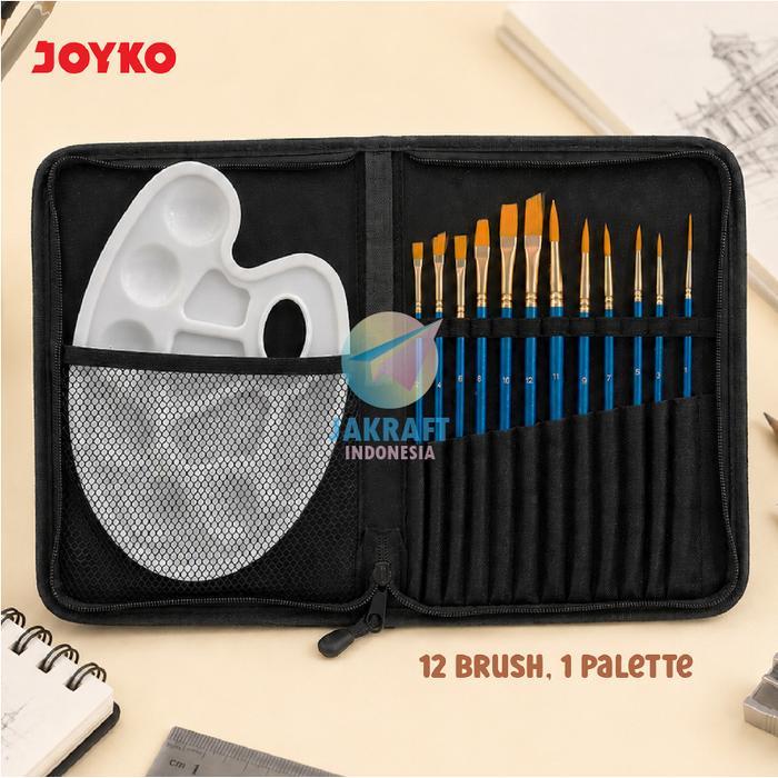 (1 Set) Paket Kuas Cat Lukis Set Joyko Brs-7A Isi 12 Brush No.1~12 + Palette Palet Plt-111 +