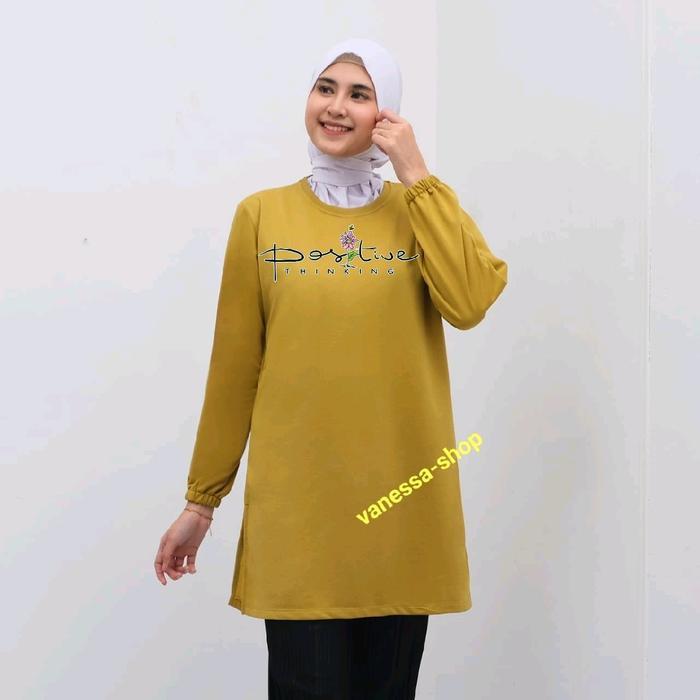 Baju tunik wanita lengan panjang motif positive thinking tunik Basic