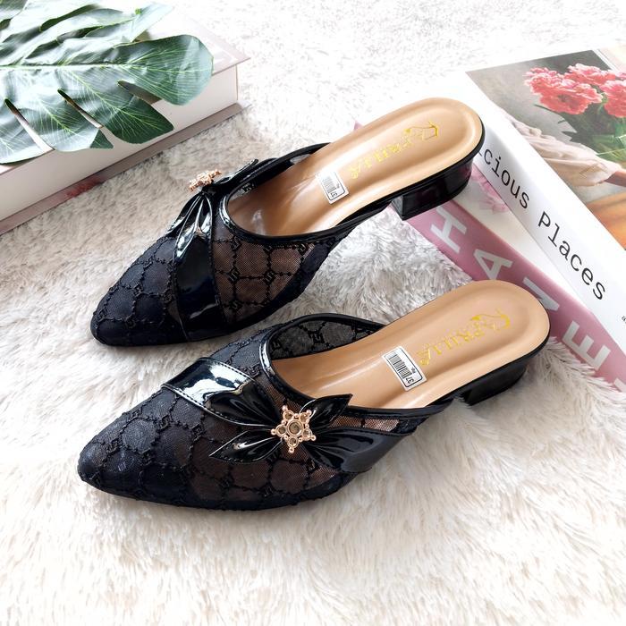 Aprilia Sandal Selop Brukat Wanita Hak Tahu 3Cm Terbaru-Heels Pesta Kondangan Kekinian-Sendal Wanita