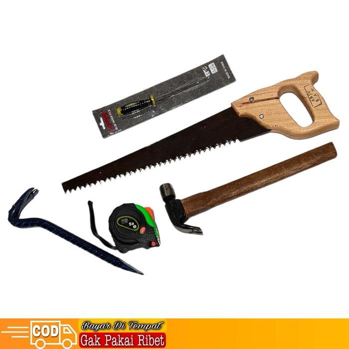 Paket Peralatan Tukang - Gergaji kayu baja asli siap pakai- palu kambing linggis mini meteran kikir