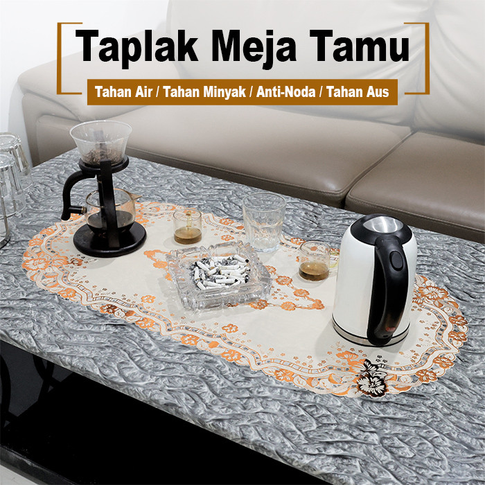 Taplak Meja Tamu Oval Motif Gold Bunga Size 40x83cm Bahan PVC Tebal Premium Dekorasi Ruang Tamu Ruma