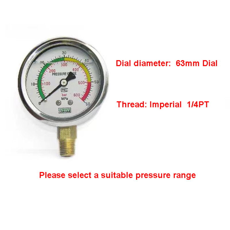 Hydraulic Pressure Gauge 1/4" 63mm Dial Hydraulic Water Pressure Gauge Manometer Pressure Measure