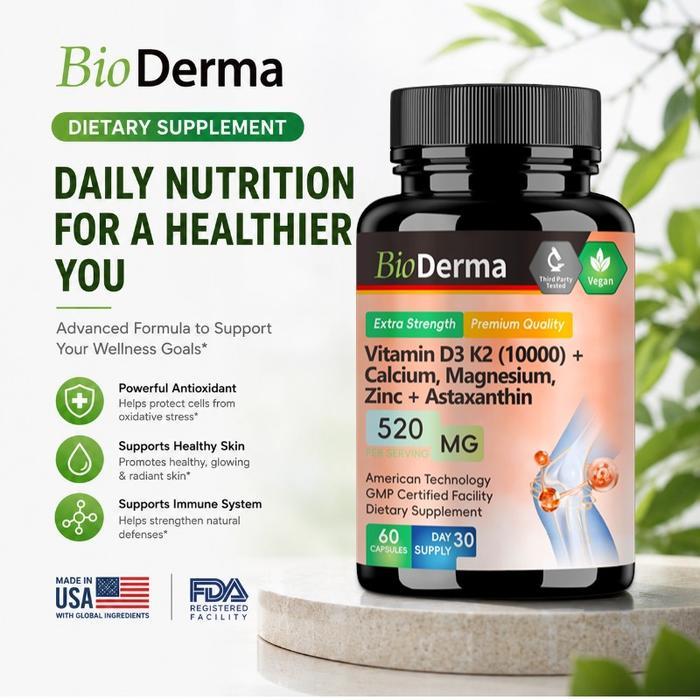 Bioderma Vitamin D3 + K2 10000Iu + Calcium Magnesium Zinc + Astaxanthin 60 Kapsul Mendukung