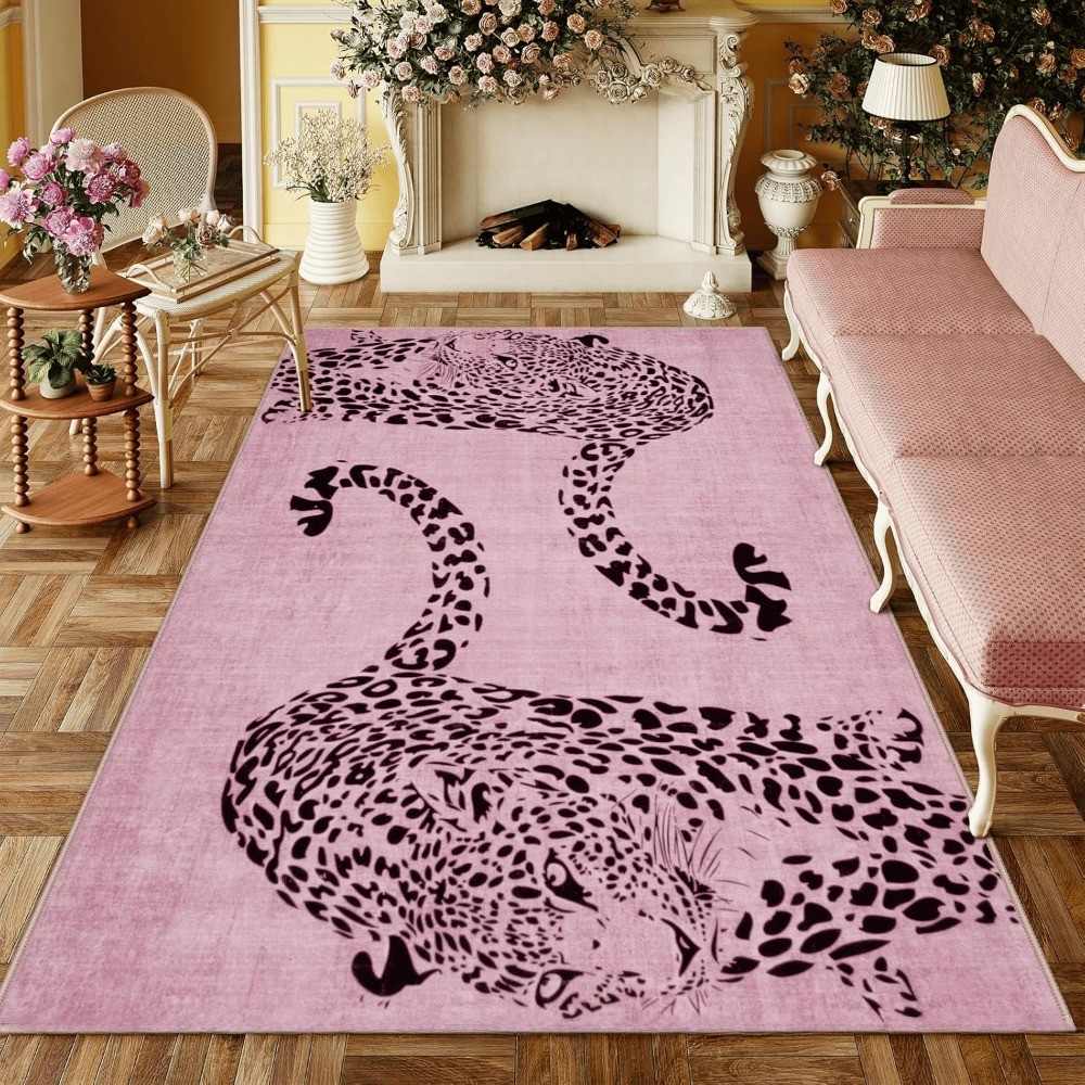 Karpet Macan Tutul Merah Muda Coklat Retro Karpet Motif Hewan Antik Karpet Lantai Ruang Tamu Lembut 
