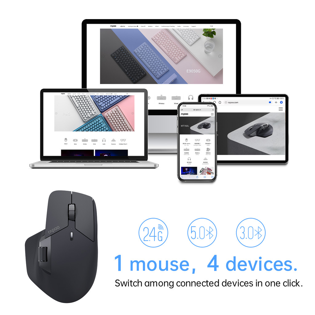 Rapoo MT760MT760LMT760MT760M Rechargeable Multie Bluetooth Wireless Mouse Ergonomic 4000 DPI Support