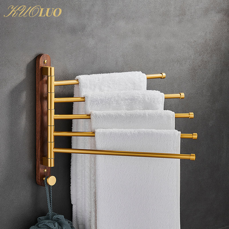 Innovative Wood Rotary Towel Hanger Waterproof Brushed Gold Towel Bar Wall Mounted Folding Bathroom 