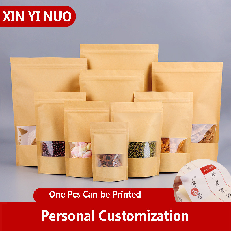 50PCS/LOT Craft Paper Zip Lock Bag With Window Gift Tea Packaging Food Stand Up Pouches Zipper Kraft