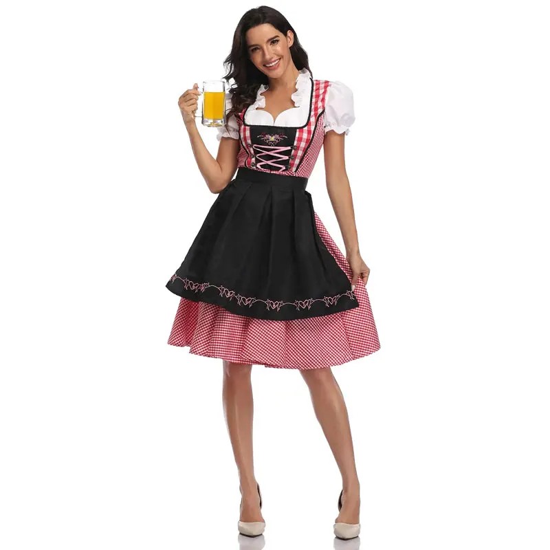 German Bavarian Traditional Beer Wench Maid Set Women Black Plaid Dirndl Dress Women Bavaria