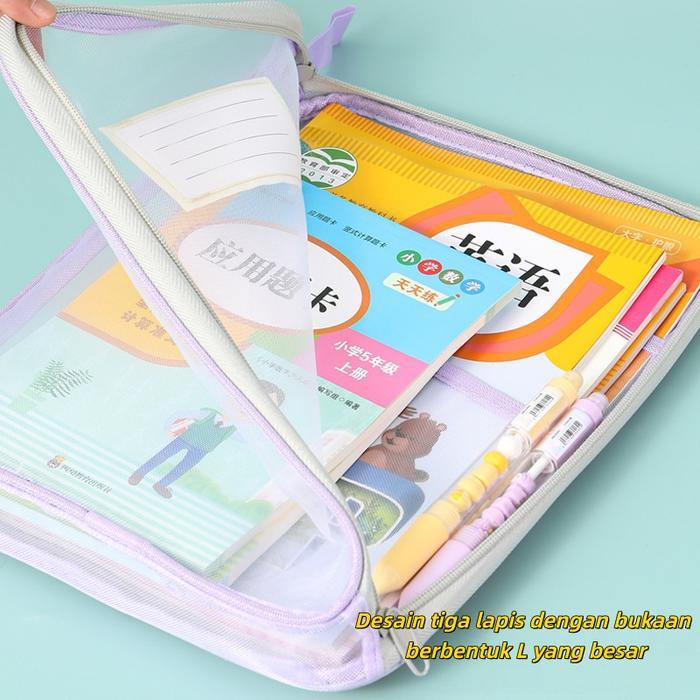 Map File L Premium Ritsleting Transparan A4 Tebal Tas Map 3 Lapisan Jaring Portable Tempat