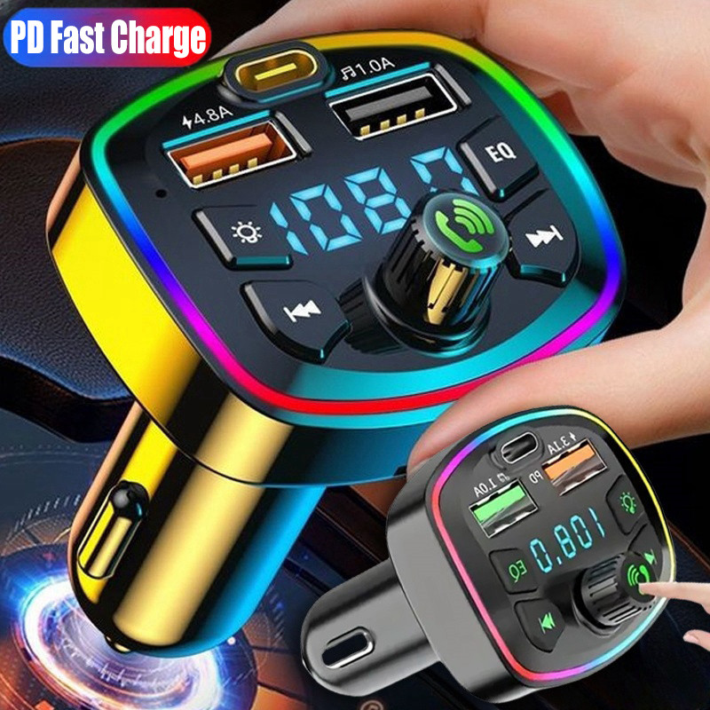 Car Bluetooth 5.0 FM Transmitter PD 18W Type-C Dual USB 4.2A Fast Charger Colorful Ambient Light