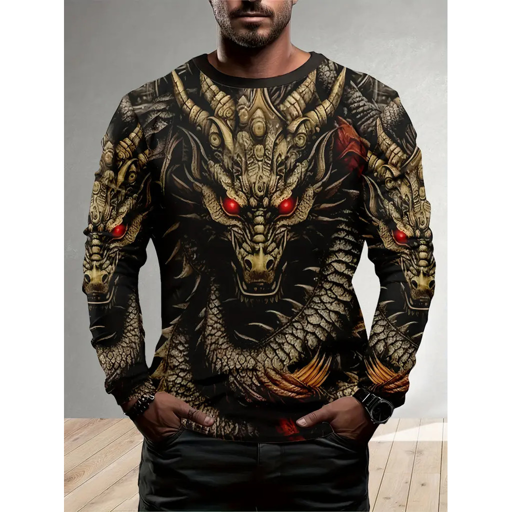 Kaus Lengan Panjang Pria Antik Kaus Bermotif Naga Emas 3D Atasan Oversized Harajuku Kaus Joging Luar