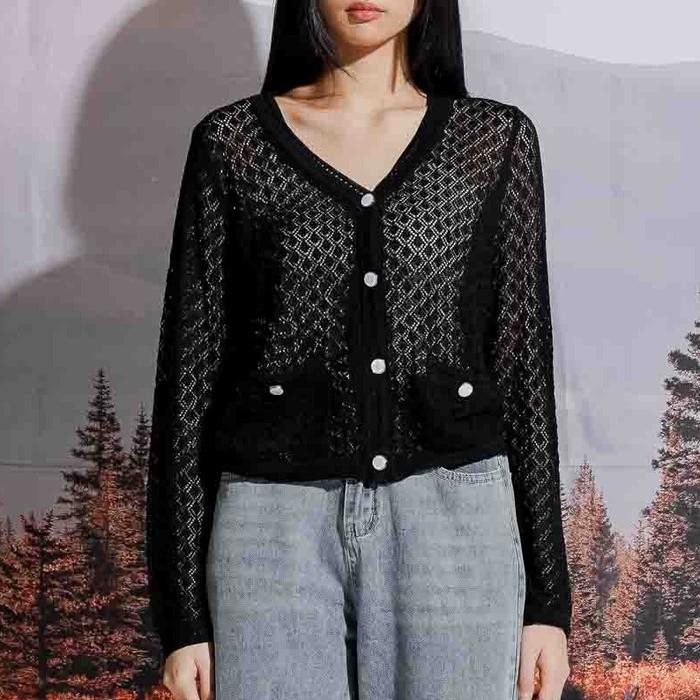 This Is April Atasan Outer Rajut Transparan Wanita Lengan Panjang Akari Cardigan Crop Top White dan