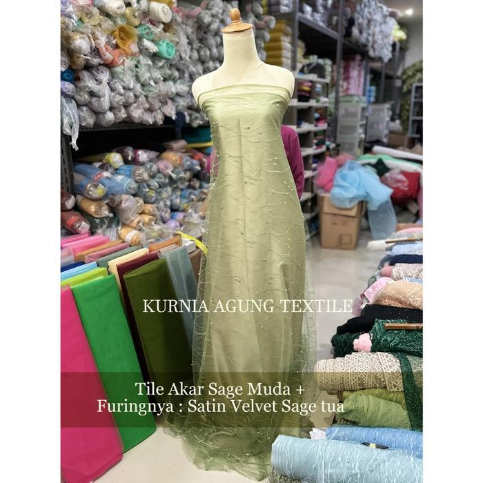 Kain Tile Akar Mutiara Gliter Brukat Warna SAGE GREEN Per Meter dan Per 0.5m bahan gamis kebaya