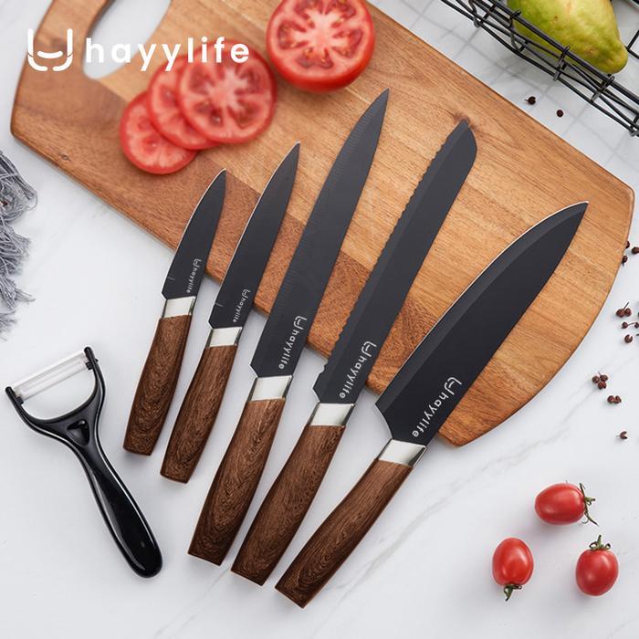 Larisss- Hayylife Knife Set Dapur Stainless Steel 6 In 1 Gagang Kayu / Set Pisau Dapur Baja Hitam