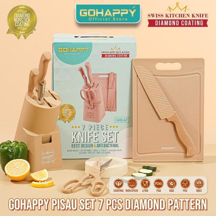 Diskon (Trendnow) Pisau Set 7 Pcs Diamond Gohappy Plus Knives Holder Wadah Pisau Motif Knife Set