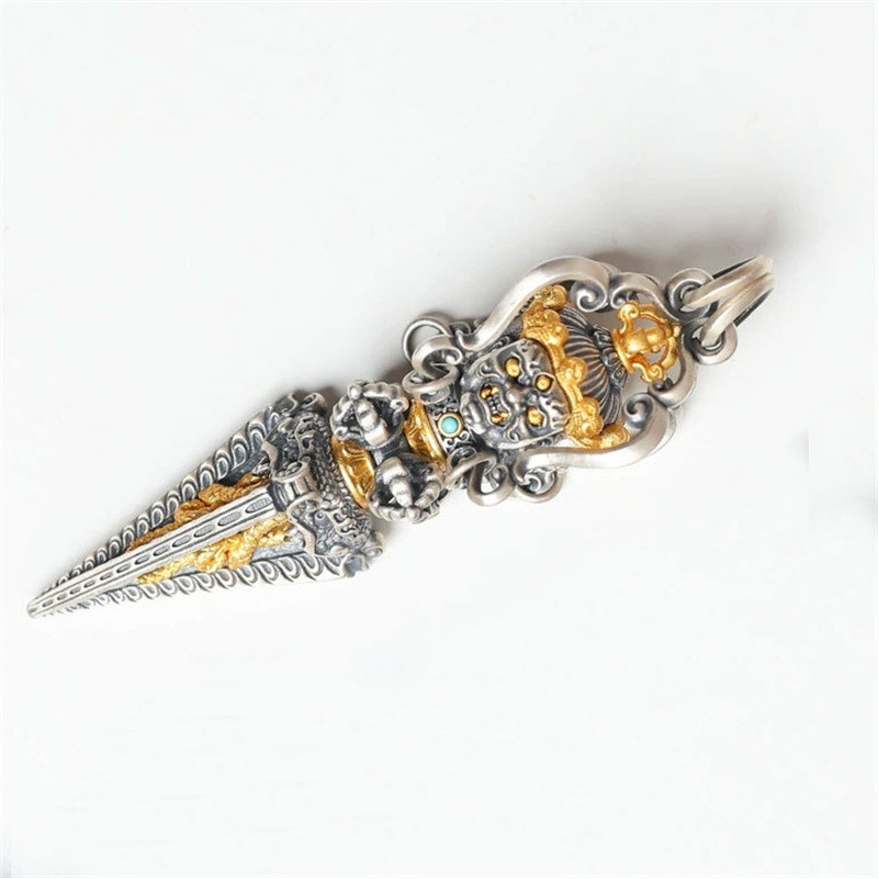 Vintage Relief Vajra Pestle Pendant Men Jewelry Blessing Buddha Amulet Necklace Male Sweater Chain