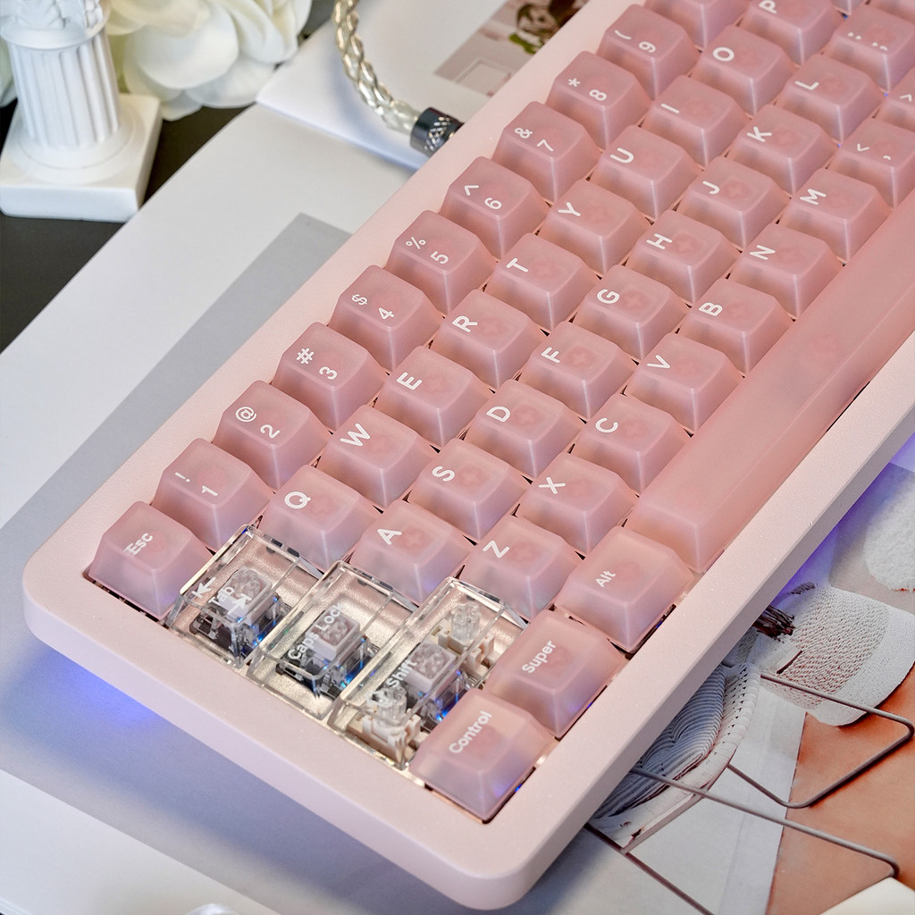 132 Keys Pink Matte Fog Transparent Keycaps Cherry Profile PC Keycaps Shine Through Keycaps Sets For