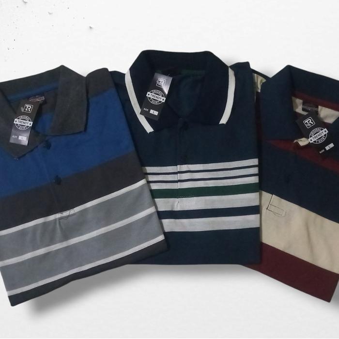 Paket 3Pcs 100 Rb Kaos Polo Salur Pria Lengan Pendek Katun / Polo Shirts Salur Tanpa Saku Diskon