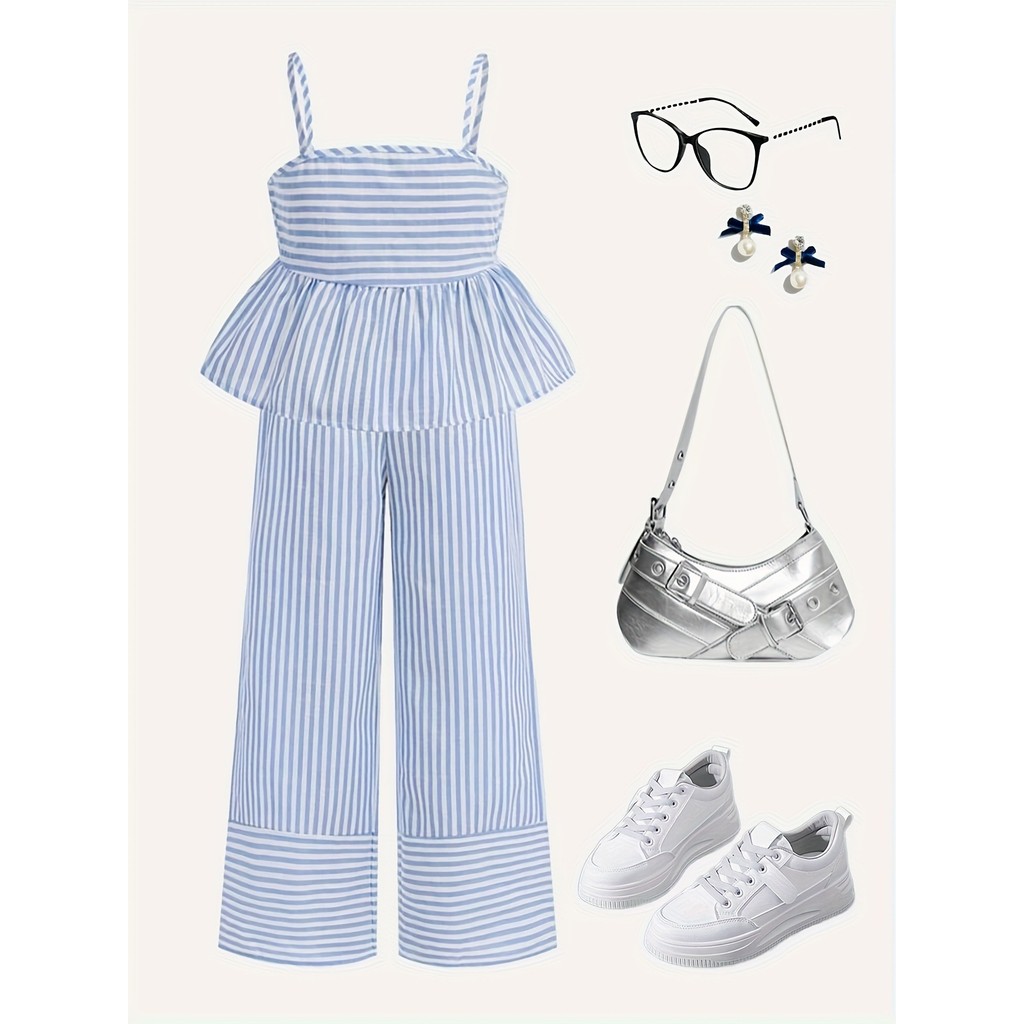 Kids Girls 2-Piece Striped Spaghetti Strap Peplum Top & Wide Leg Pants Set Preppy Summer Casual