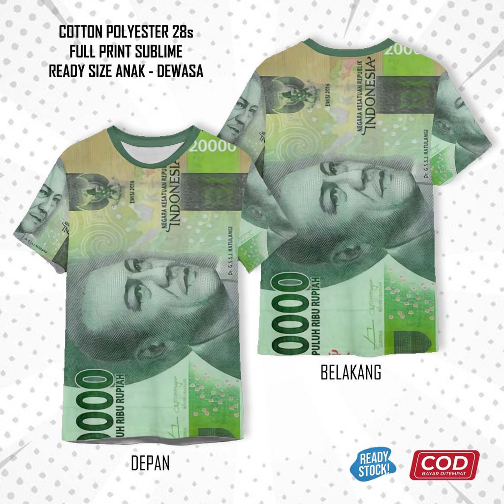 Kaos Uang 20 Ribu Fullprint 3D Pria Wanita Baju Gambar Duit Dua Puluh Ribu Rupiah Viral Anti Luntur 