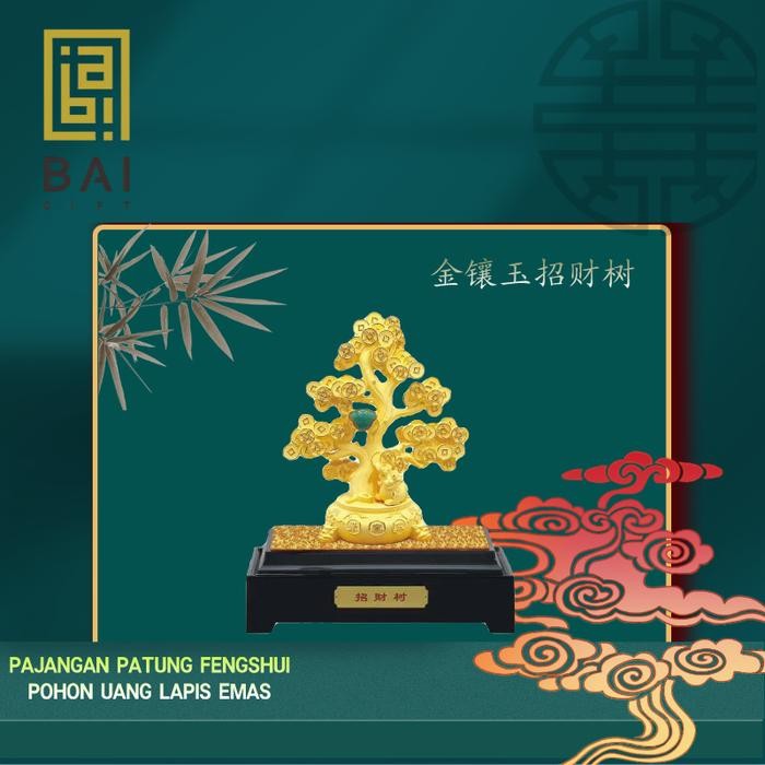 Ready Pajangan Patung Pohon Uang Koin Kuno Hoki / Keberuntungan Lapis Emas