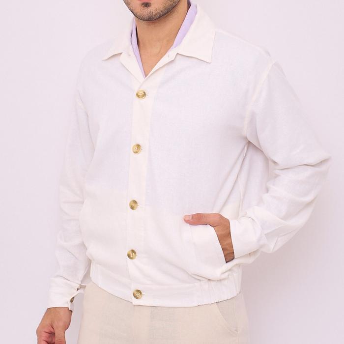 REMEDY Jaket Bomber Linen Pria Warna Putih - Aneto Linen Bomber Jacket