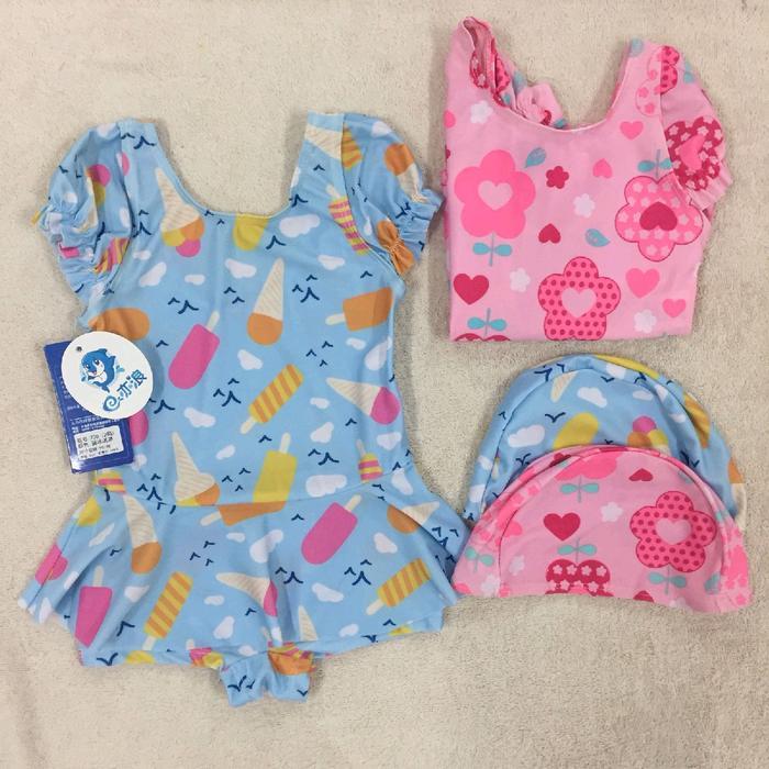 (1-7Th) Baju Renang Anak Biru Pink Set Topi Bayi Rok Senam Muslim Lengan Pendek Resleting Depan