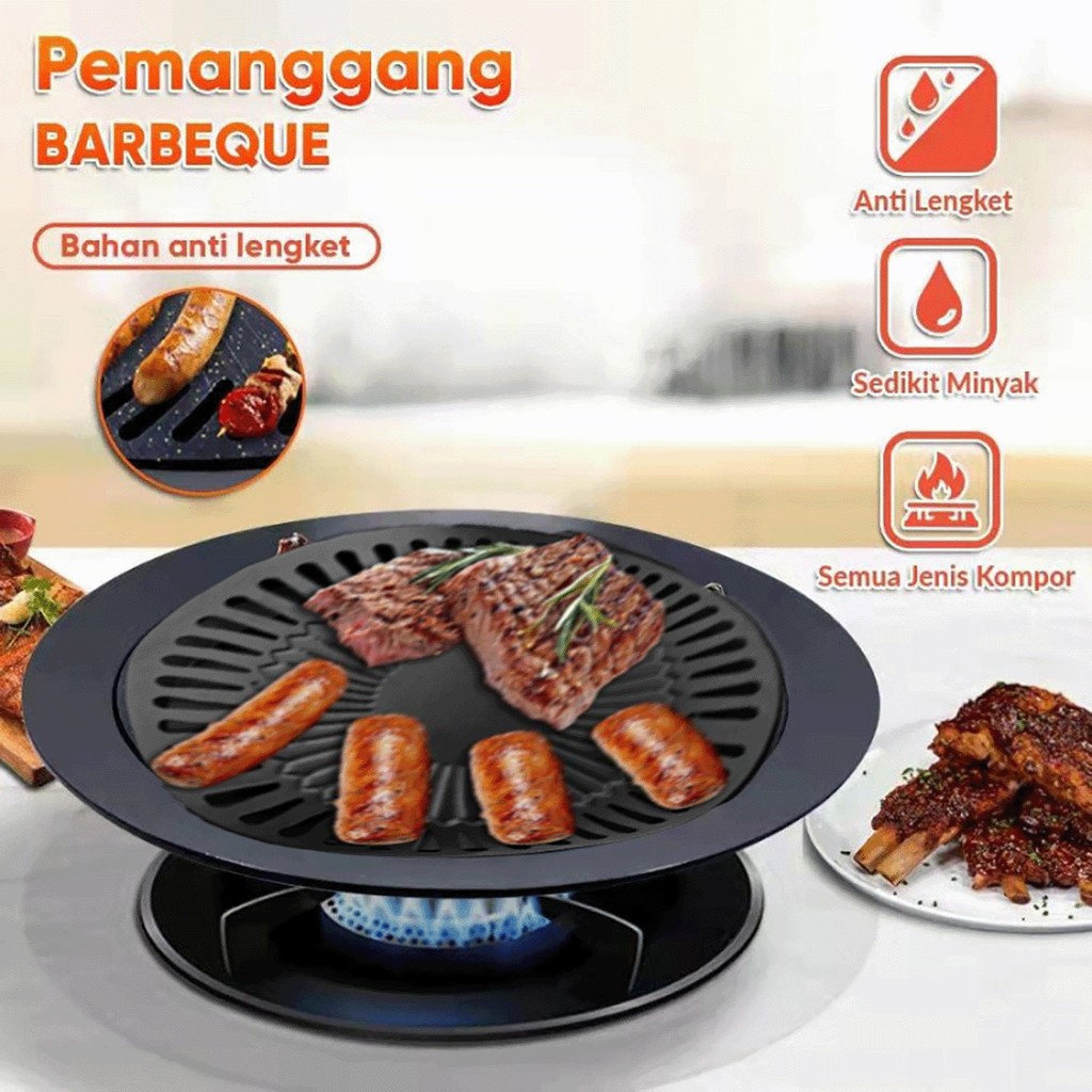 BAYAR DITEMPAT BERGARANSI Grill Pan BBQ Alat Pemanggang Anti Lengket Bulat Wajan Teflon Besi Panggan