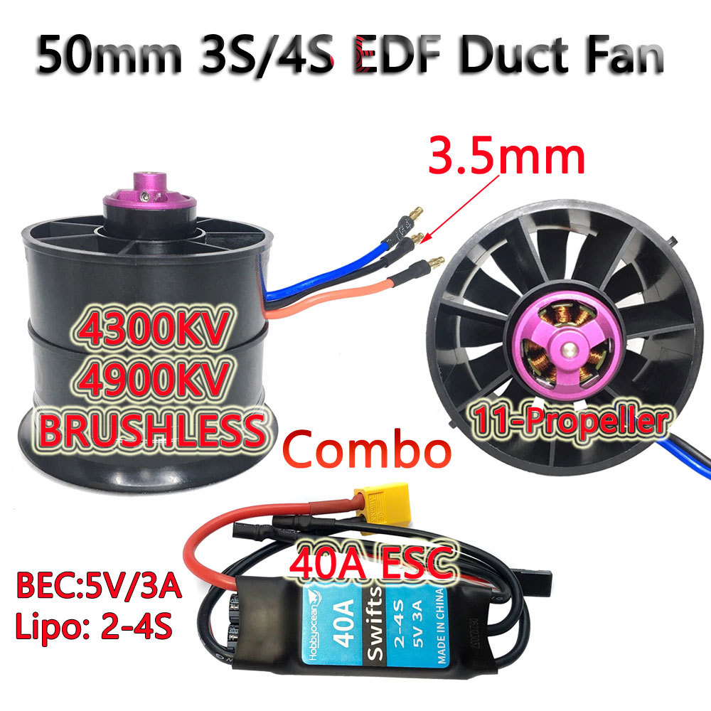 Hobbyocean 50Mm 3-4S Brushless Edf Duct Fan 40A/50A Esc 4900Kv 4300Kv 11-Propeller For Brushless