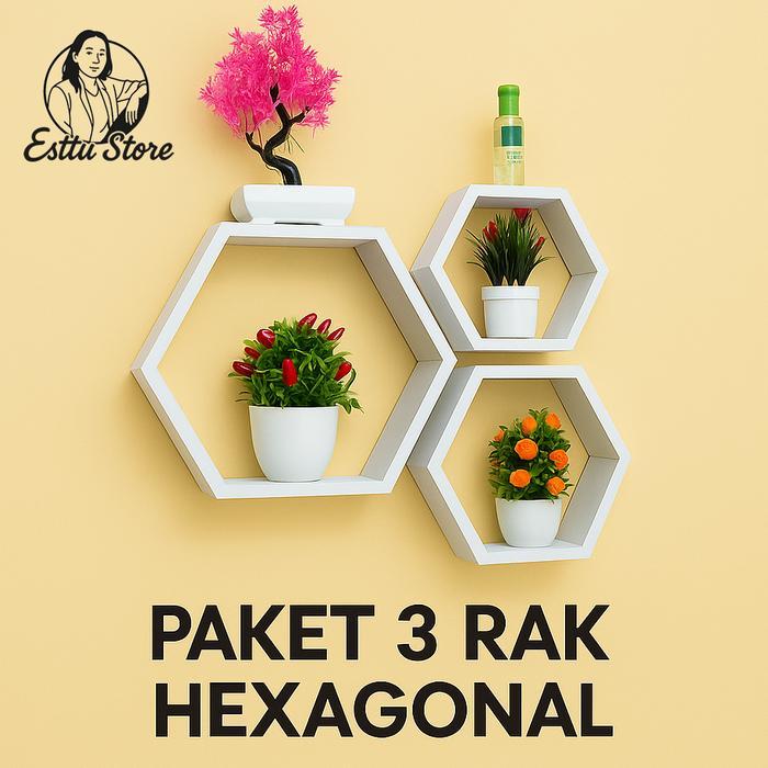 Esttu Store Rak Segi Enam 3 Pcs-Rak Dinding Hexsagonal Minimalis Kayu Multiplex 12 Mm Anti Air &