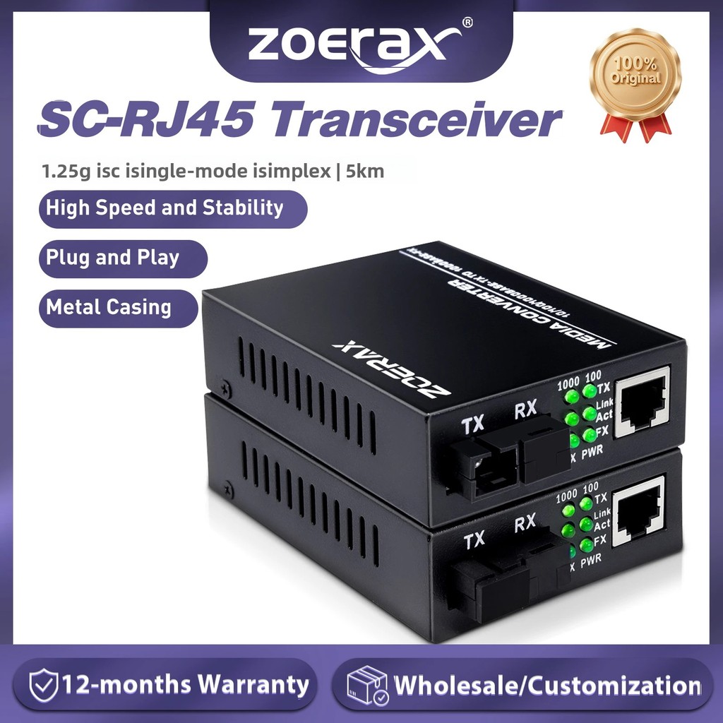 ZoeRax A Pair of Gigabit Fiber Optic Transceiver Media Coverter Ethernet SC Singlemode RJ45 Port