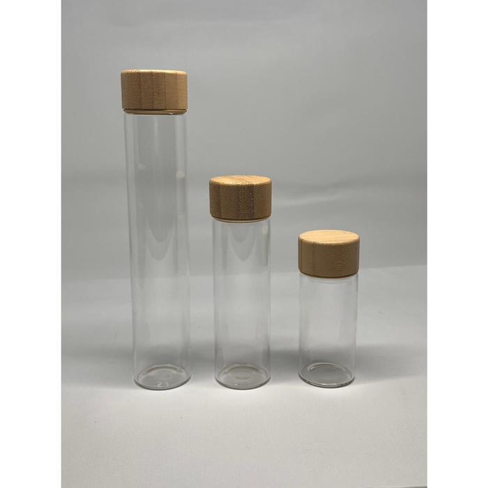 Tabung Kaca / Botol Kaca / Gelas Kaca / Tabung Sampel / Tutup Kayu / Kaca Bening