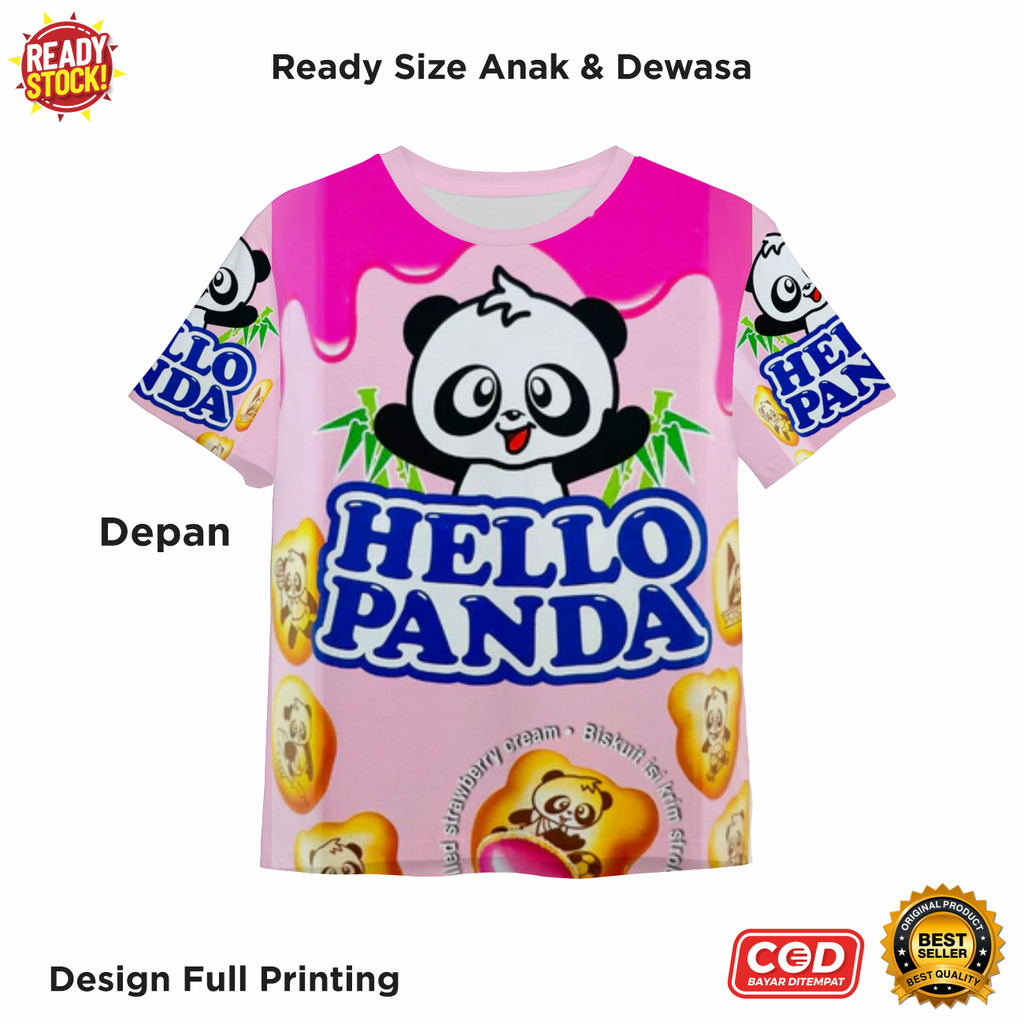 Kaos Fullprint Motif Hello Panda Rasa Strawberry Jajanan Cemilan - Baju AOP Hello Panda Lucu Keren -