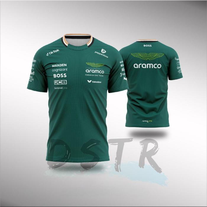 Kaos Jersey F1 2025 Formula One Team Aston Martin Fullprint Lengan Pendek Warna Hijau