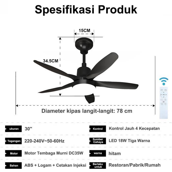 Kipas Angin Plafon dengan Lampu LED 30 Inci Motor DC Inverter 5 Baling Senyap Remote 3 Warna Cahaya 