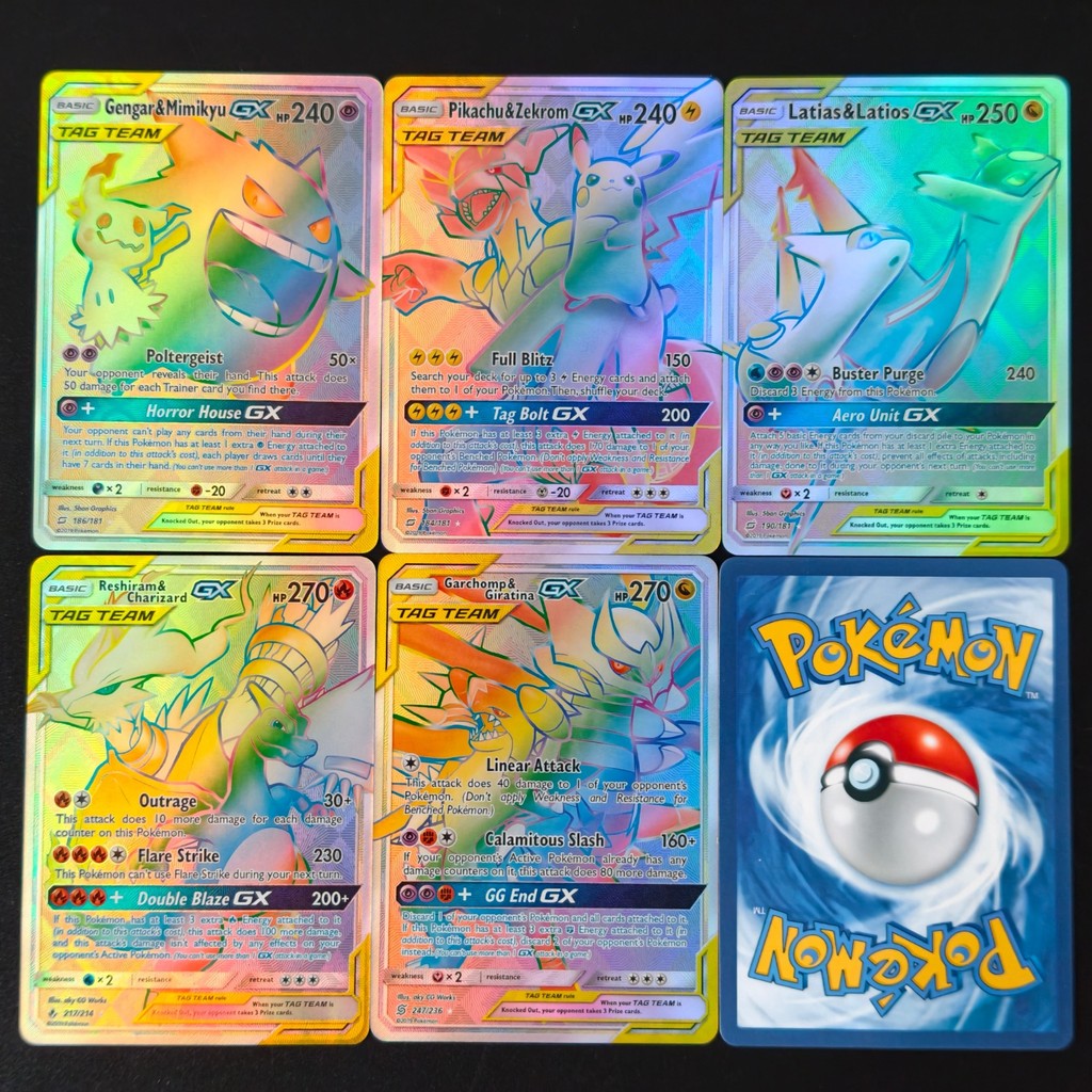 English Pokemon Rainbow Secret Rare Tag Team GX Holo/Flash Cards Reshiram Charizard Pikachu Zekrom