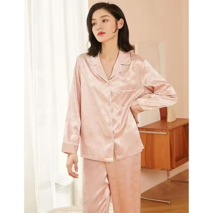 Set Piyama Wanita Satin Motif Love Lengan Panjang Setelan Baju Tidur Mewah Premium Btw 10